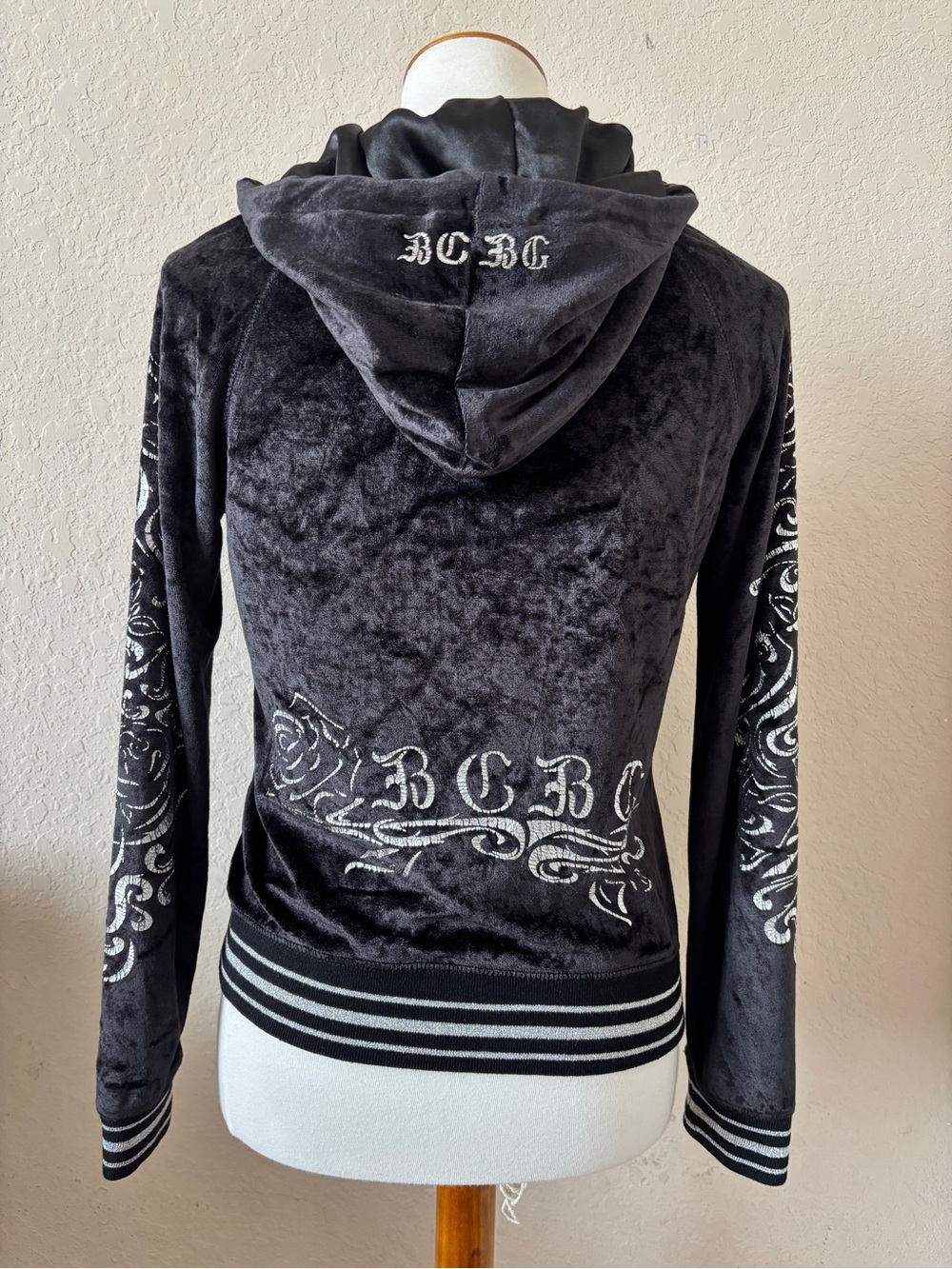 BCBG Maxazria Black Silver Velvety Velour Full-Zip Y2K Tracksuit Jacket Size M - Picture 6 of 6